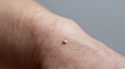 Fototapeta premium Close up view of human skin with a single, small, raised epidermal growth, highlighting skin texture and minor dermal imperfections