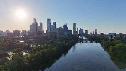 Fototapeta premium Downtown Austin Texas facing east looking over Ladybird Lake
