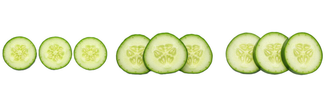 Set and collection of fresh crisp green cucumber round slices culinary garden salad ingredient isolated on white transparent png background