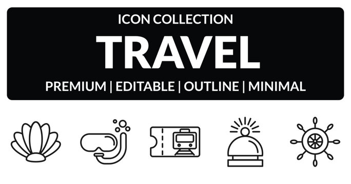 outline travel icons set - shell, scuba diving, hotel bell, rudder. editable vector for web and mobile ui