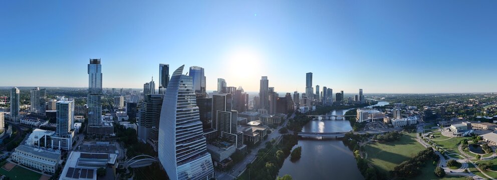 Panorama views of downtown Austin during spring sunrise.