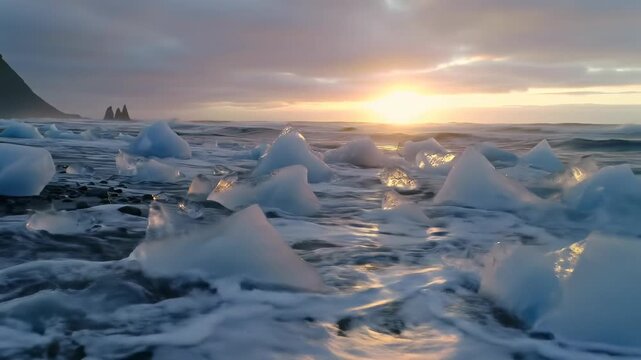 Awe-inspiring wide video of Iceland's Diamond Beach at sunset, pristine ice chunks on black volcanic sand with crashing ocean waves under warm golden light, ethereal natural beauty.