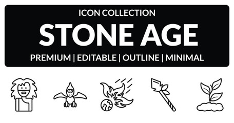 outline stone age icons set - troglodyte, pterodactyl, spear, plant. editable vector for web and mobile ui © IconArt