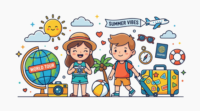 A vibrant illustration depicting two cheerful children embarking on a summer adventure, surrounded by travel essentials and sunny skies