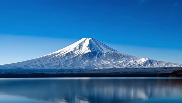 Snow-covered Mount Fuji reflects on the calm surface of a serene blue lake under a clear winter sky stock video footage