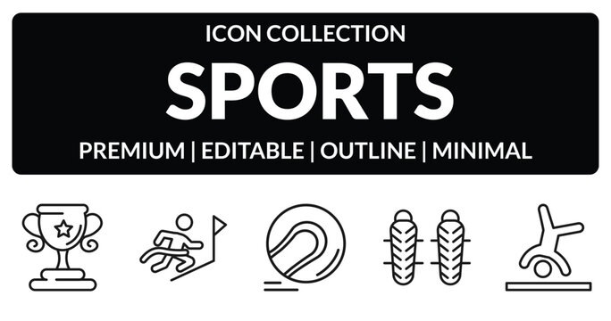 outline sports icons set - sport trophy, winning the race, shin guards, cartwheel. editable vector for web and mobile ui