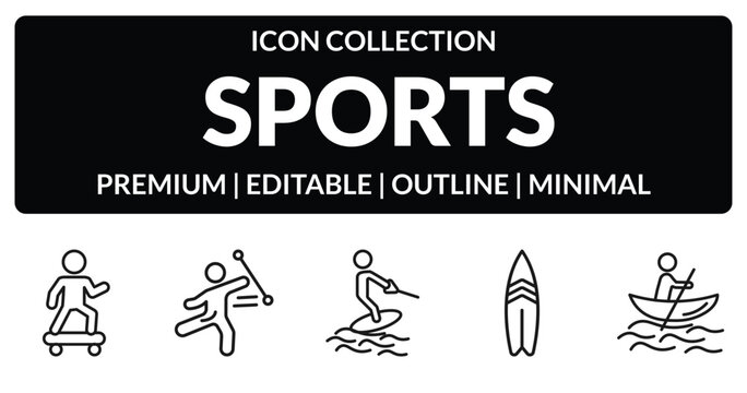 outline sports icons set - skating, baton twirling, surf, man in canoe. editable vector for web and mobile ui