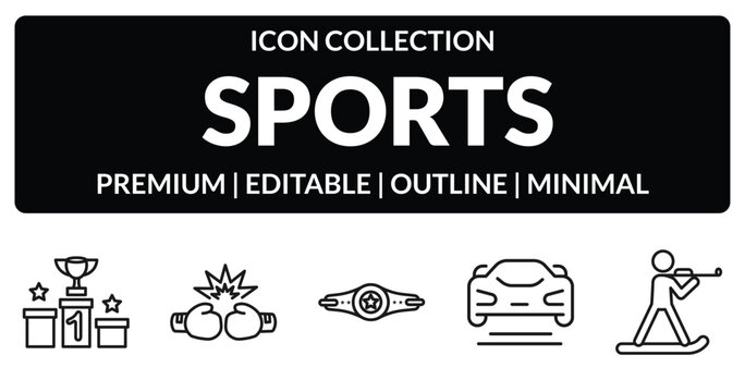 outline sports icons set - podium with cup, two boxing gloves, formula racing, biathlon. editable vector for web and mobile ui