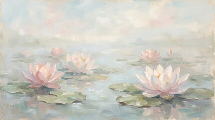 Soft impressionistic oil painting of pale pink and white water lilies blooming on a calm hazy pond with subtle brushstrokes © Creative AI