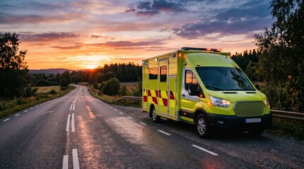 Fototapeta premium Emergency ambulance parked on roadside at sunset with forested landscape and empty two lane road stretching toward distant hills