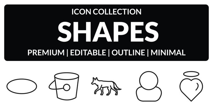 outline shapes icons set - elliptic, empty bucket, character, pure love. editable vector for web and mobile ui