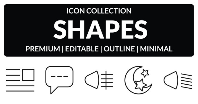 outline shapes icons set - paragraph, oval speech bubble, half moon and star, low beam. editable vector for web and mobile ui