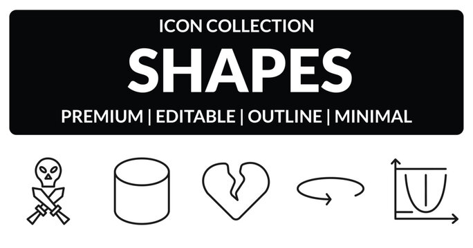outline shapes icons set - skull and dagger, cylinder volumetric, 360, parabola. editable vector for web and mobile ui