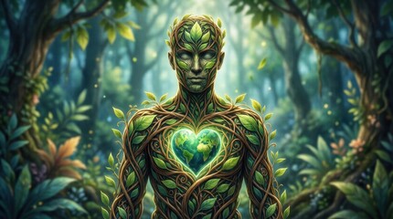 Fototapeta premium Vine covered humanoid revealing earth heart in woodland