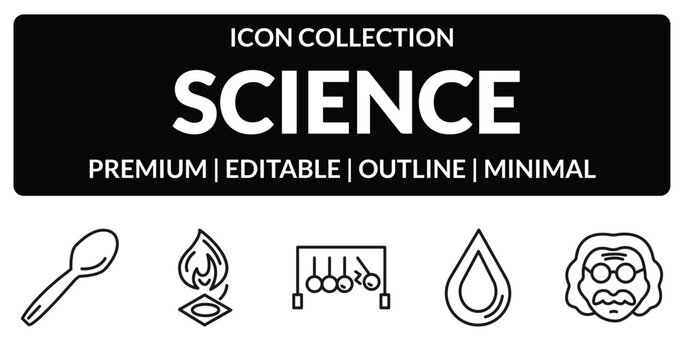 outline science icons set - spoon, burner, h2o, einstein. editable vector for web and mobile ui