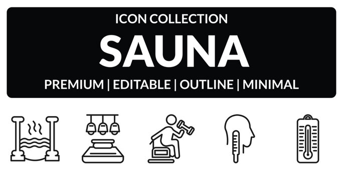 outline sauna icons set - roman bath, light stimulation, core temperature, sauna temperature. editable vector for web and mobile ui