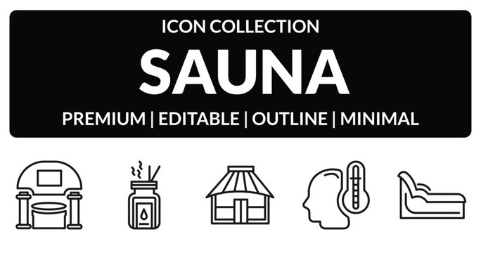 outline sauna icons set - caldarium, aroma stimulation, body heat gain, tepidarium. editable vector for web and mobile ui