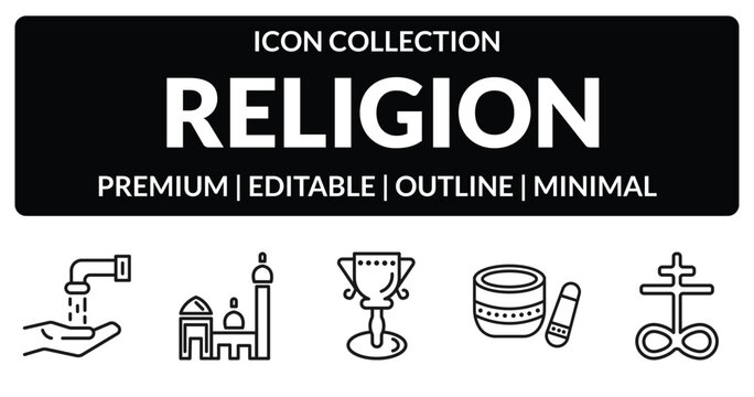 outline religion icons set - islamic wudu, islamic mosque, standing bell, satanic church. editable vector for web and mobile ui