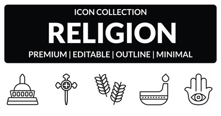 outline religion icons set - wat saket, aaronic order church, dipa, hamsa hand. editable vector for web and mobile ui