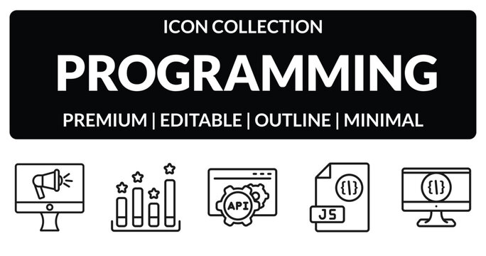 outline programming icons set - advertising, seo ranking, js, computing. editable vector for web and mobile ui