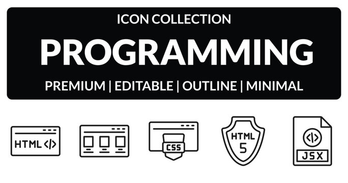 outline programming icons set - html, theme, html5, jsx. editable vector for web and mobile ui