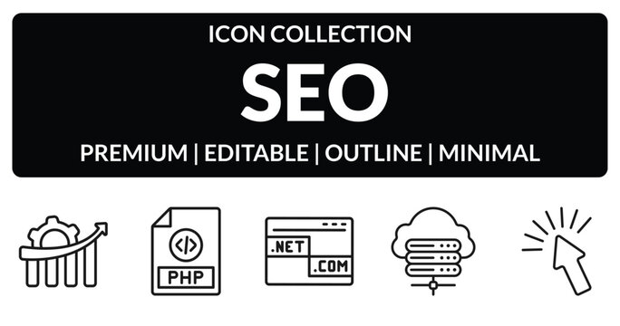 outline seo icons set - seo growth, php, hosting, click. editable vector for web and mobile ui