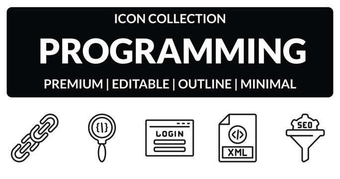 outline programming icons set - hyperlink, code review, xml, seo funnel. editable vector for web and mobile ui