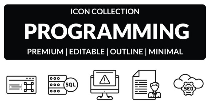 outline programming icons set - command, mysql, seo report, seo cloud. editable vector for web and mobile ui