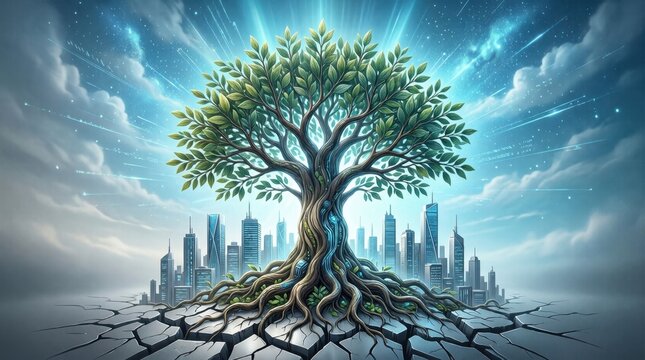Tree rooted in cracked ground before urban skyline at dawn