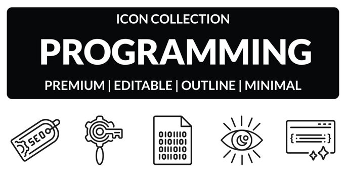 outline programming icons set - seo tags, seo keywords, visibility, clean code. editable vector for web and mobile ui