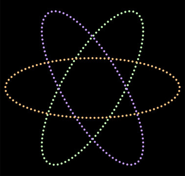 Minimalist vector science icon featuring an atom symbol made of three overlapping pastel dot ellipses on a black background. Geometric tech design ideal for physics and chemistry graphics.