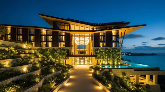Luxurious modern house with large glass windows and warm lighting overlooking the ocean at dusk with a wellmanicured garden