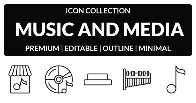 outline music and media icons set - music store, cd, marimba, eighth note. editable vector for web and mobile ui