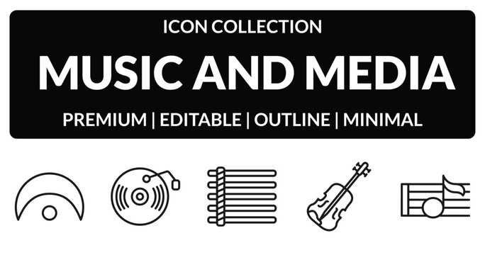 outline music and media icons set - fermata, music record, violin, crotchet. editable vector for web and mobile ui