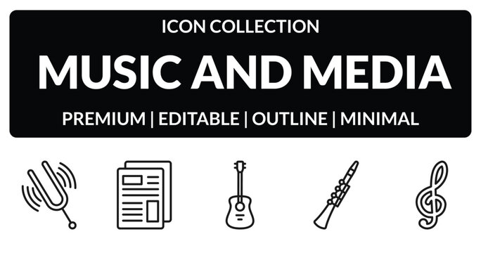 outline music and media icons set - diapason, newspaper report, oboe, treble clef. editable vector for web and mobile ui