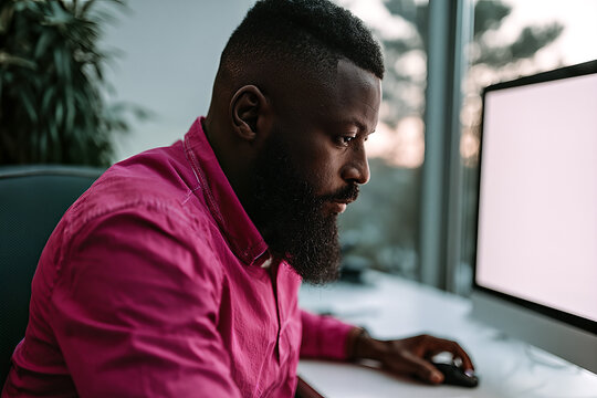 Focused Black Man in Pink Shirt Working at Desk with Large Monitor in Bright Office with Natural Light and Plants.