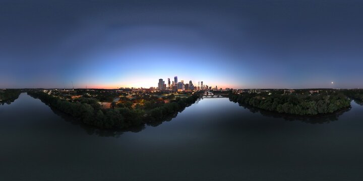Panorama views of downtown Austin during spring sunrise.