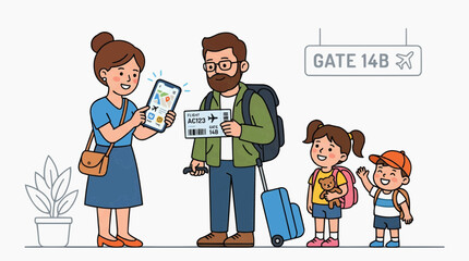 Fototapeta premium A happy family is standing at the airport gate ready to travel. The mother is showing a flight ticket on her phone, while the father is holding a passport and boarding pass.