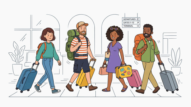 A diverse group of four people with backpacks and luggage walking through an airport or train station, ready for a journey