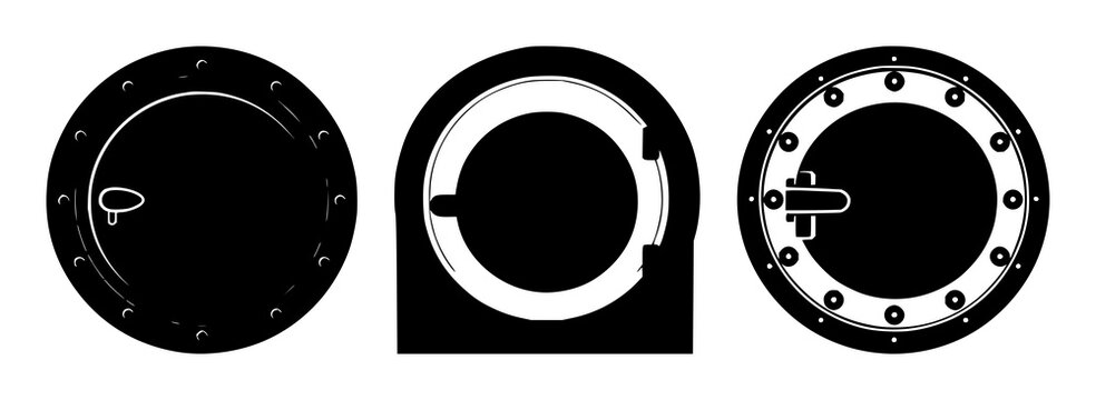 Bank vault set with solid black icon on white background featuring bank vault, security door, lock, antique, classic with black icon and white background