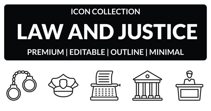 outline law and justice icons set - criminal, police hat, court, court trial. editable vector for web and mobile ui
