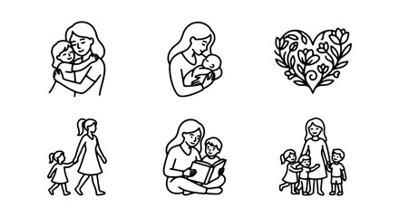 Fototapeta premium Motherhood Moments Collection: Family Love, Nurturing Care, Heart Floral Icon Set