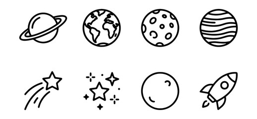 Space Icons Set: Planets, Rocket, Stars, Earth, Moon, Orbiting Satellite, Cosmic Elements © NOVA
