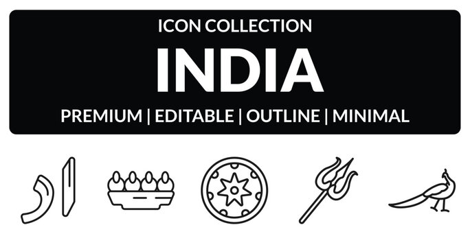 outline india icons set - urdu, sandesh, shaivism, peacock. editable vector for web and mobile ui