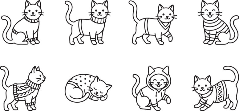 Cozy cats wearing sweaters and winter clothing