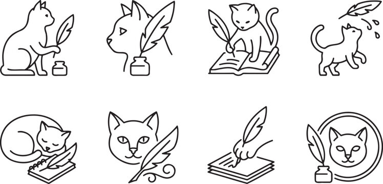 Intellectual kitten characters writing with feather quills and reading books