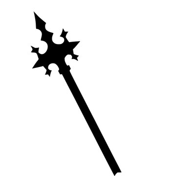 Mace set with solid black silhouette of a medieval mace featuring spikes, historical weaponry, high contrast with white background and medieval armor
