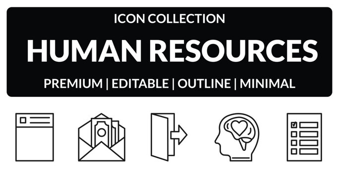 outline human resources icons set - resume, salary, emotional intelligence, selection. editable vector for web and mobile ui