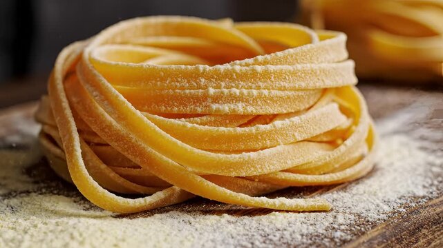 Freshly Made Fettuccine Pasta Nest on a Wooden Surface with Flour.
