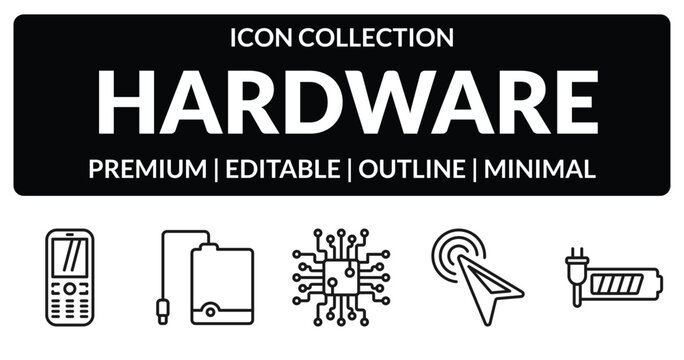 outline hardware icons set - keypad phone, external hard drive, mouse pointer, recharge. editable vector for web and mobile ui